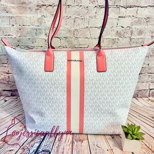 Michael Kors | Large Logo Stripe TZ Tote Bag with Zipper in Grapefruit